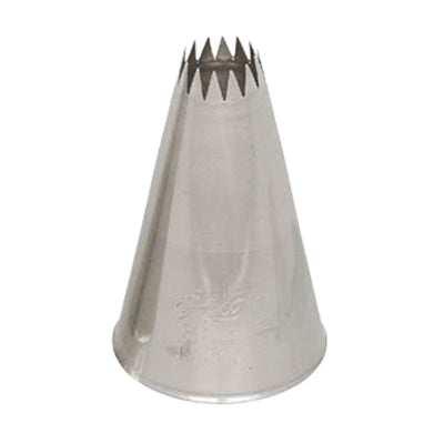 French star piping tip with large serrated opening for ridged pastries, cupcake swirls, and decorative borders.