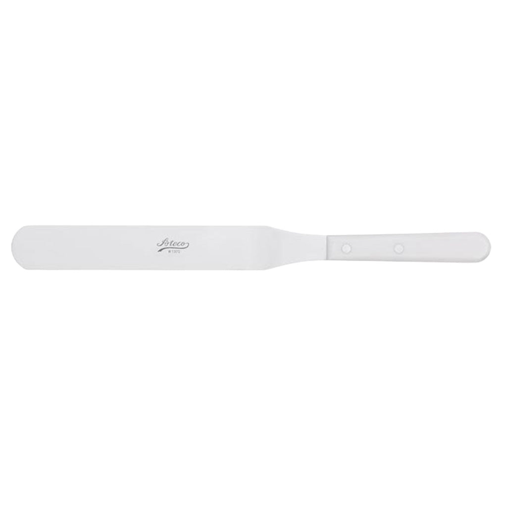 Long straight Ateco spatula with a 9.75-inch stainless steel blade, rounded tip, and white POM handle with two rivets on a white background.