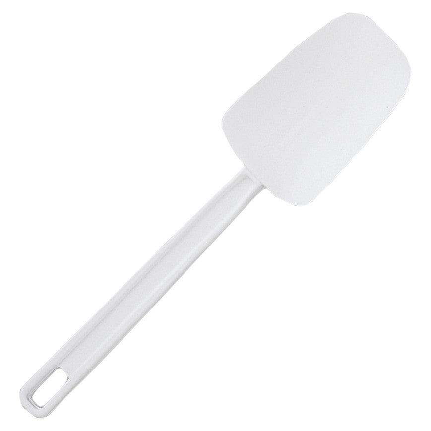 White Rubbermaid® spoon-shaped silicone spatula with a rectangular rounded blade, translucent plastic handle, and hanging hole on a white background.