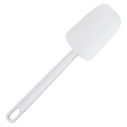 White Rubbermaid® spoon-shaped silicone spatula with a rectangular rounded blade, translucent plastic handle, and hanging hole on a white background.