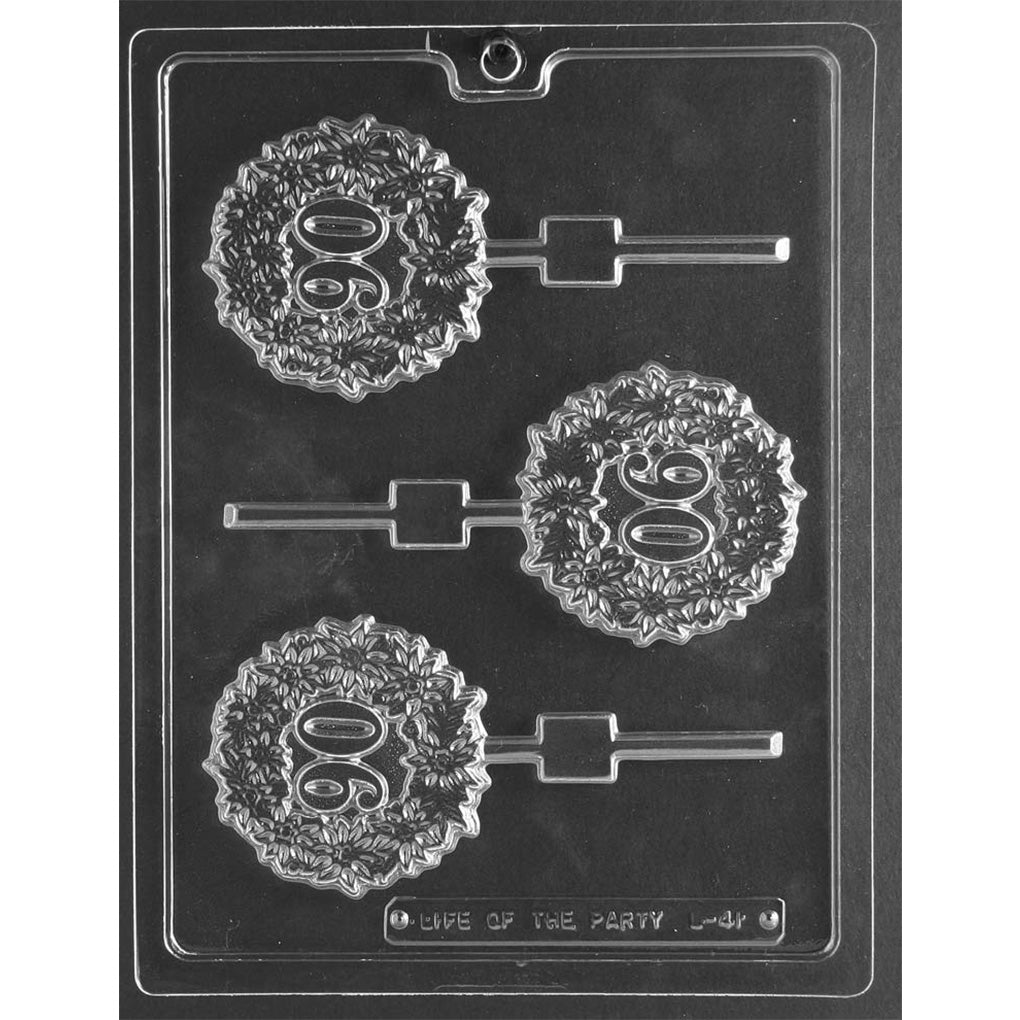 #90 chocolate lollipop mold with three round cavities featuring a wreath border around the number 90.