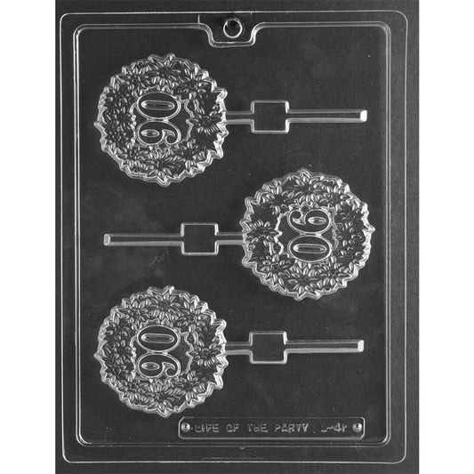#90 chocolate lollipop mold with three round cavities featuring a wreath border around the number 90.