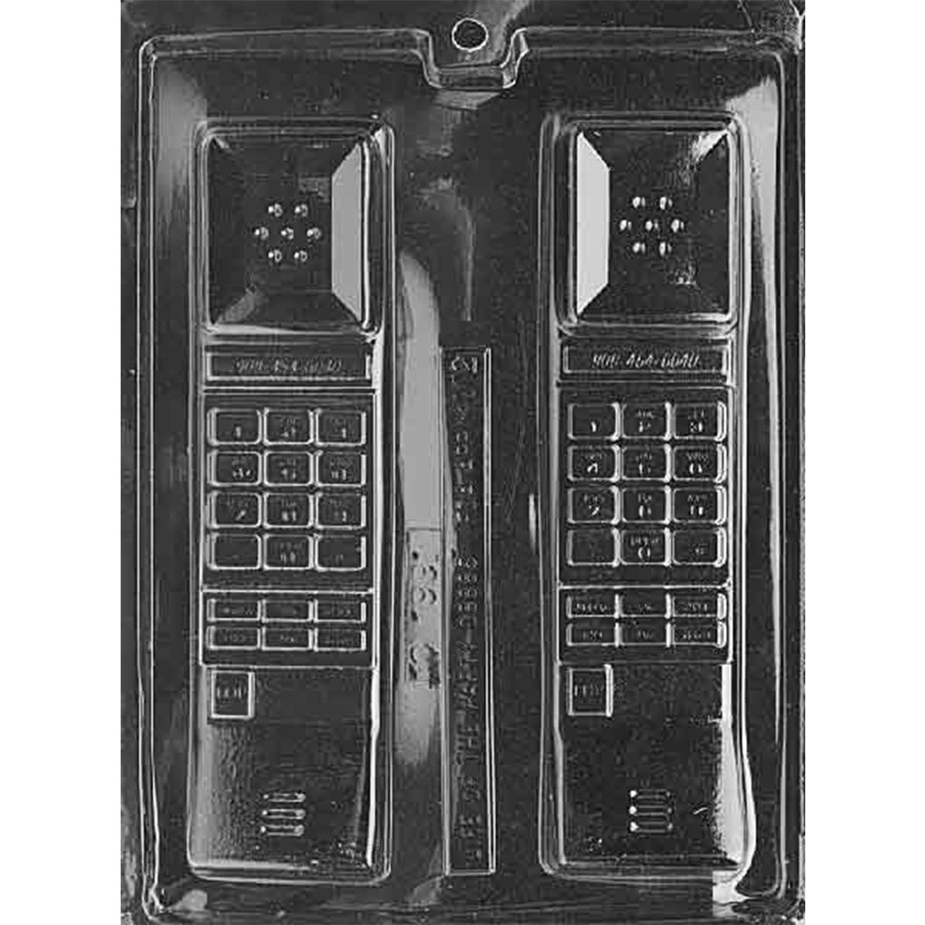 Clear chocolate mold with two long, chunky 1990s-style cellular phone cavities featuring raised screens, numbered keypads, function buttons, and speaker details.