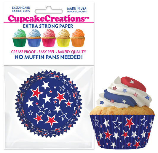 Red, White, and Blue Stars on Solid Blue Standard No Pan Baking Cups