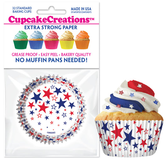 Red, White, and Blue Stars on Solid White Standard No Pan Baking Cups