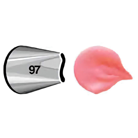 Wavy Petal Piping Tip 97 with pink icing petal sample, used for piping realistic ruffled petals, bows, and draped decorations.