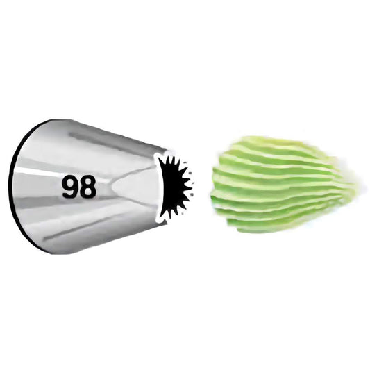 Shell Piping Tip 98 with green icing example, used for piping textured shells, ropes, hearts, and holiday-themed designs