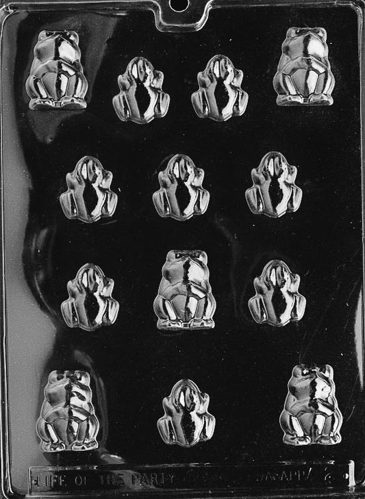 Candy mold with multiple small frog shapes showing legs and eyes, suitable for bite-size chocolates.