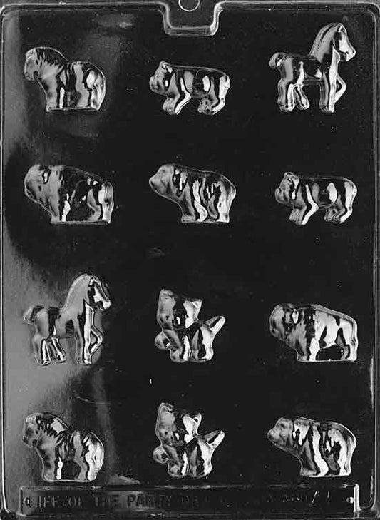 Mold sheet featuring multiple small animal silhouettes, smooth details for clean chocolate release.