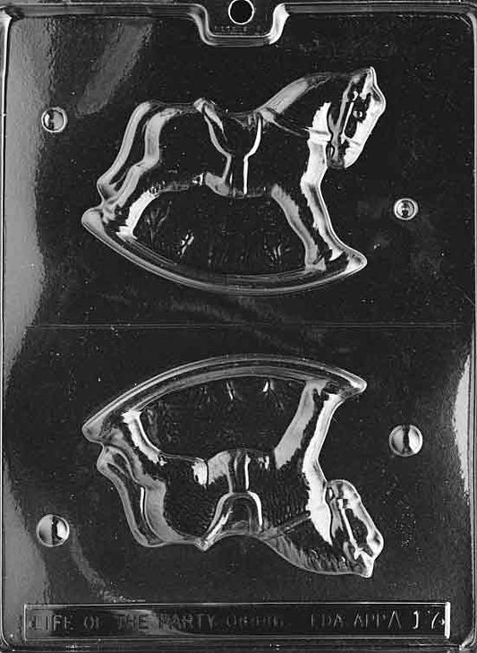 Two-part 3D rocking horse mold with saddle, rocker base, and mane detailing.