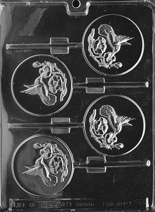 Lollipop disc mold featuring a hummingbird and blossom in raised detail.