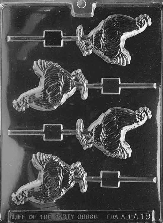 Lollipop mold depicting a standing rooster with tail feathers and beak details.