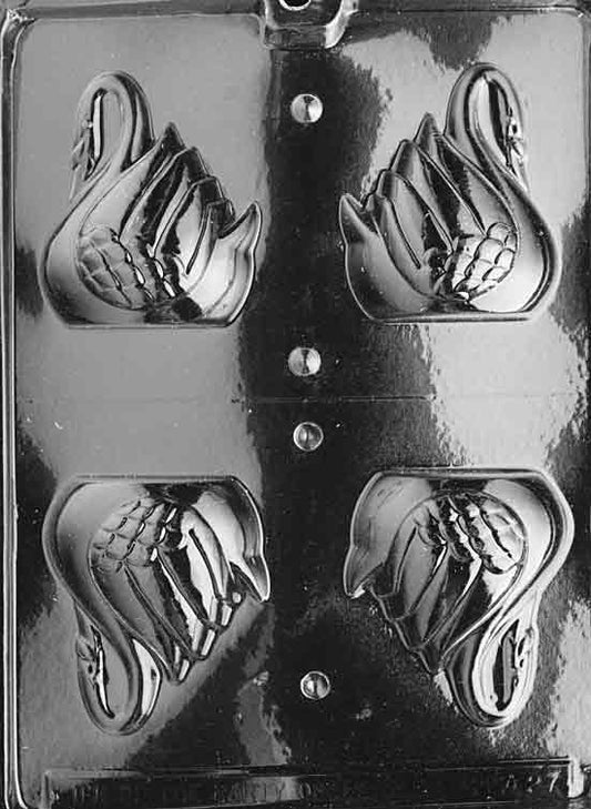 Mold cavity of a swan in profile with arched neck and feather detail.