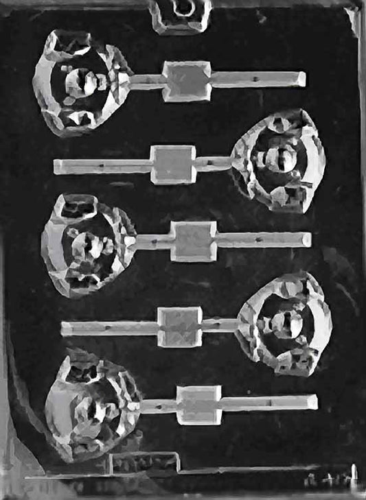 Lollipop mold of a pig’s face with snout, cheeks, and ear details.
