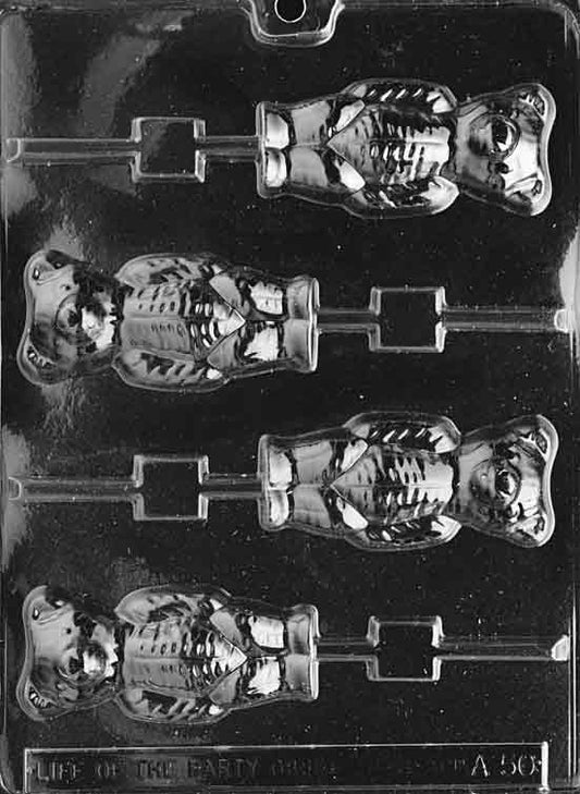 Lollipop mold of a standing bear with paws, belly, and facial details.