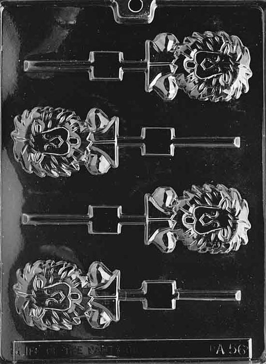 Lollipop mold of a lion head with sculpted mane and facial features.
