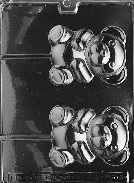 Lollipop mold featuring a large full-body teddy bear with bow detail.