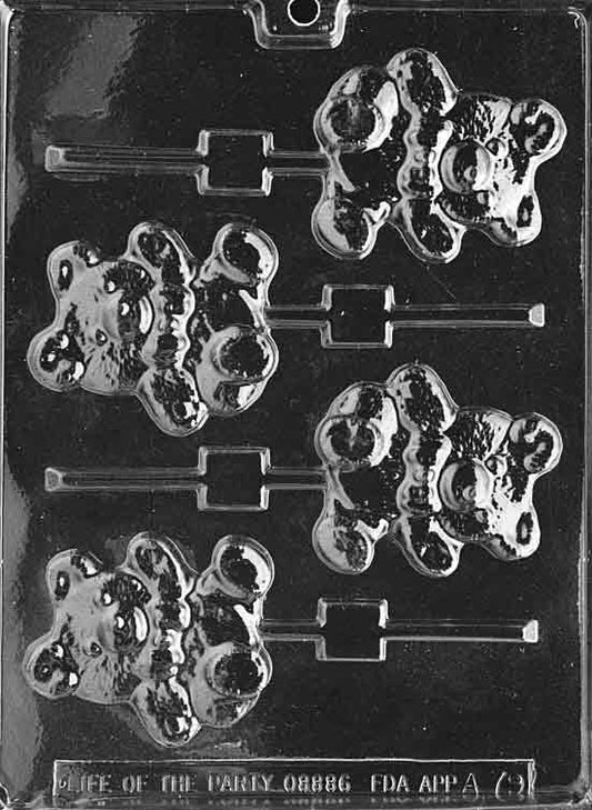 Lollipop mold of a standing teddy bear with paws and bow detail.
