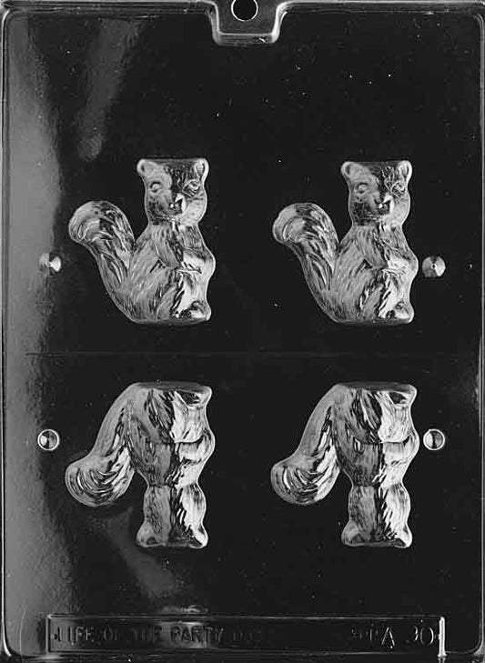 Two-part mold forming a standing squirrel with curled tail and paws.
