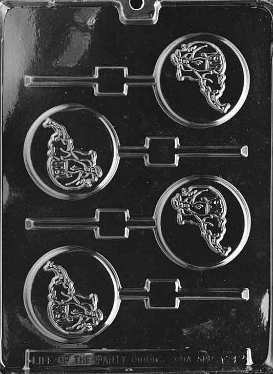 Round lollipop disc with elephant silhouette centered; stick channel below.