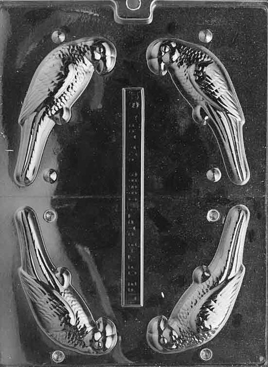 Two-part mold forming a 3D parakeet with beak, wings, and long tail.