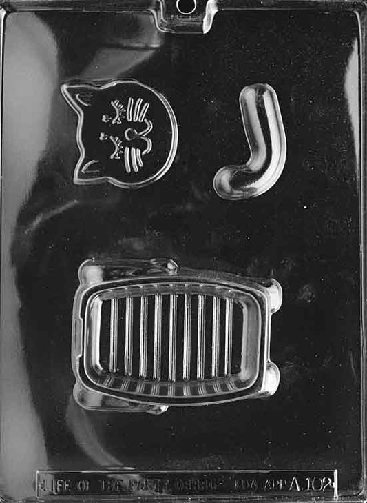 Pour box mold forming a cat silhouette with facial details and hollow interior for filling.