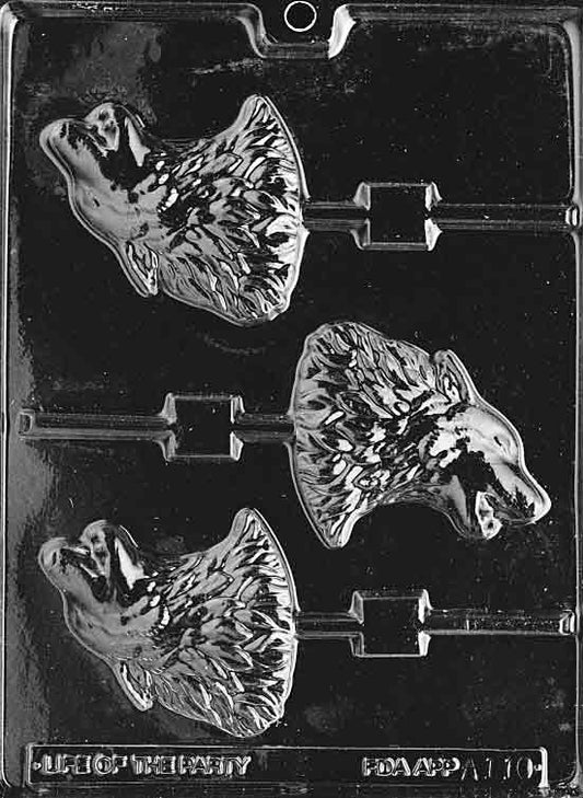 Lollipop mold with a wolf silhouette and facial detail, designed for vertical pops.