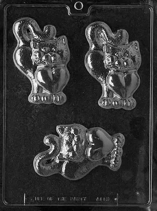 Solid cat-shaped cavity with a heart detail on the chest and defined whisker lines.