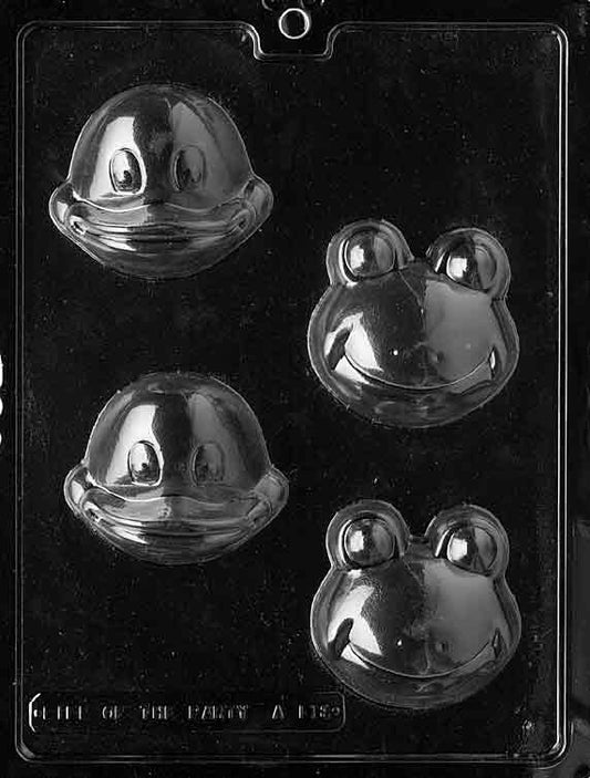 Mold with a smiling frog face and duck face, sculpted eyes and beak details.