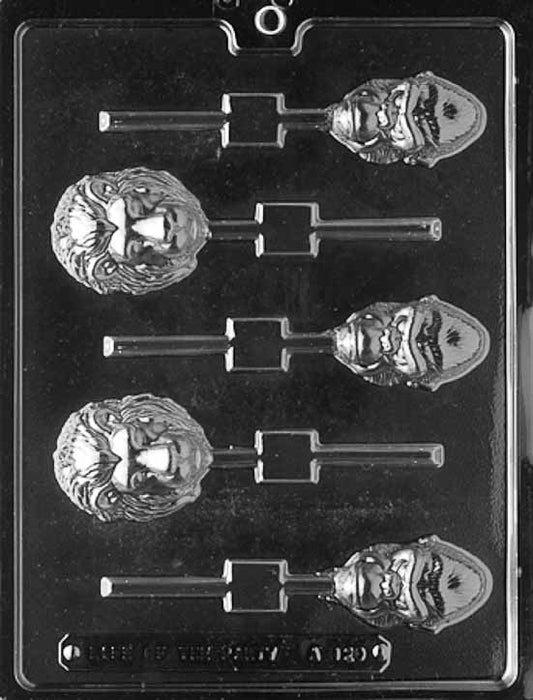 Assorted jungle animal face lollipop cavities with round borders and stick channels.