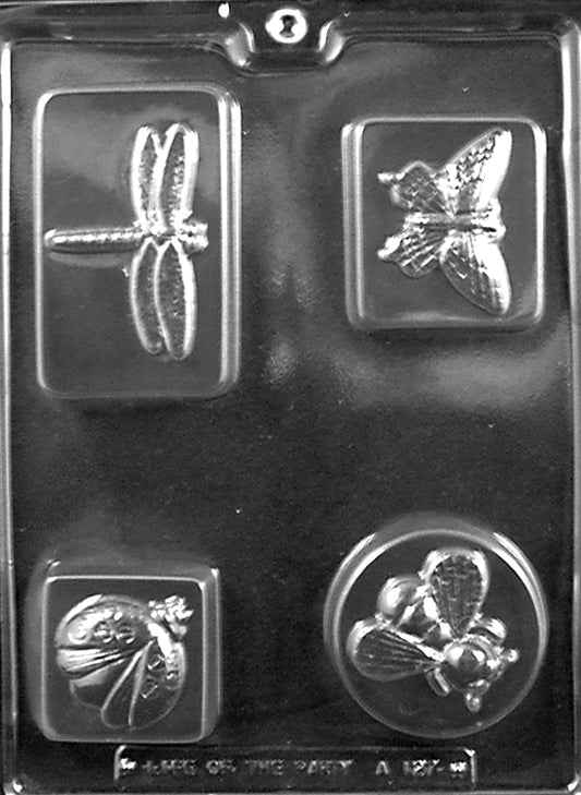 Mold with rectangular bar cavities featuring raised insect designs like ladybugs and dragonflies.