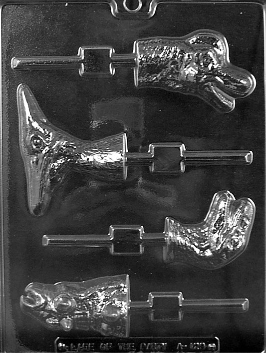Sheet with several dinosaur lollipop cavities in varied species and sizes, stick channels included.