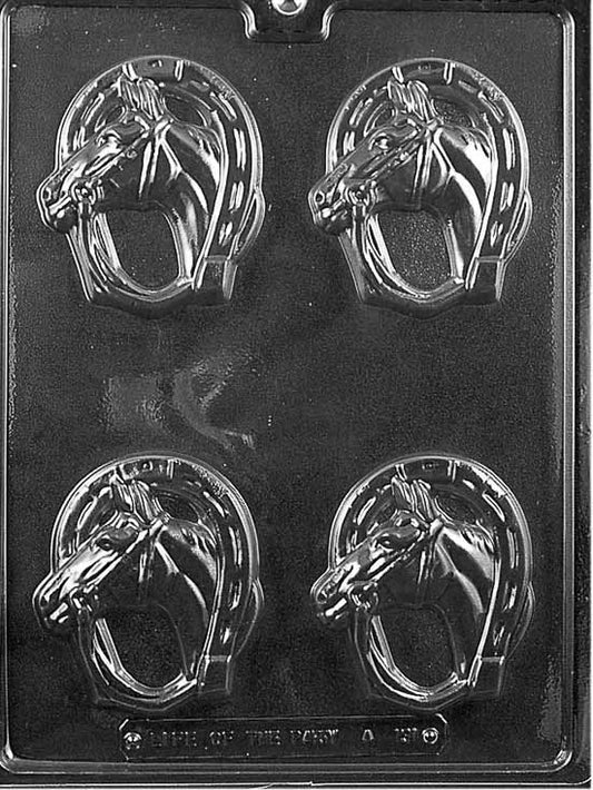 Rectangular cavity featuring a horseshoe and horse head in relief; smooth background for clean release.