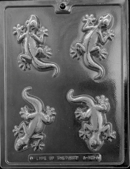 Mold with several lizard cavities featuring ridged backs, legs, and tails; moderate depth.