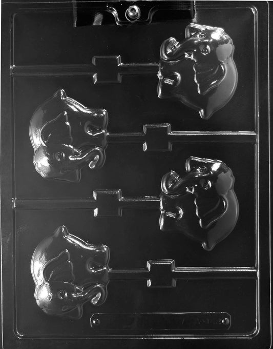 Elephant head lollipop cavities with raised trunk, ear, and eye details; stick channel.