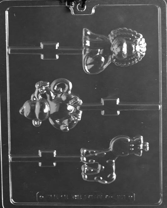 Clear plastic mold sheet with three lollipop styles: monkey, giraffe, and lion faces; raised details for manes, ears, and spots; stick channels visible.