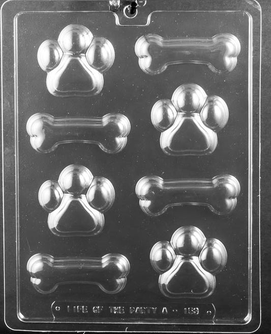 Assortment mold with paw print and dog bone cavities; thick profiles with rounded pad and edge details.