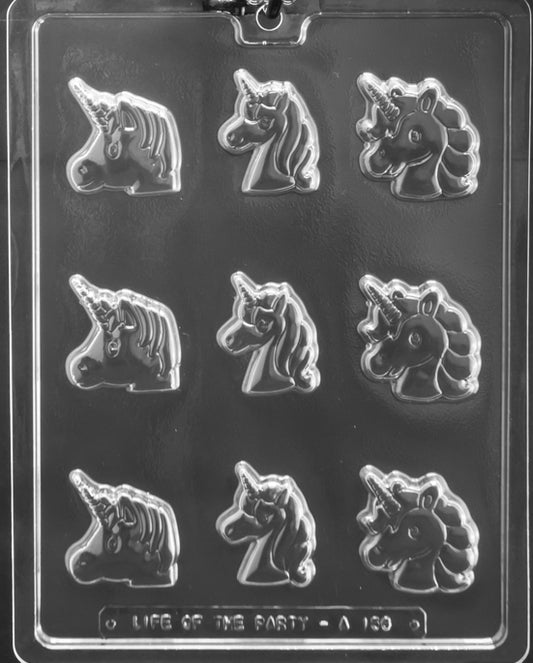 Mini unicorn face cavities with flowing manes and horns; shallow depth for bite-size chocolates.