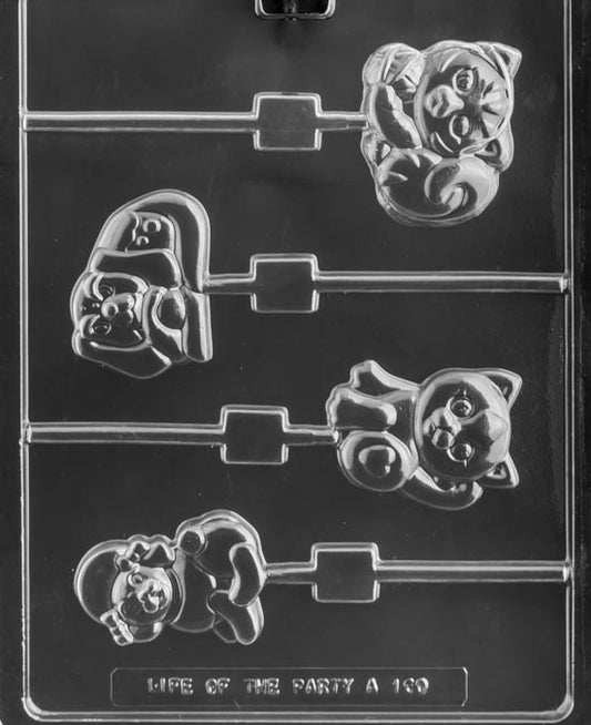 Assorted pet face lollipop cavities; rounded features with ears, whiskers, and collars; stick channels included.
