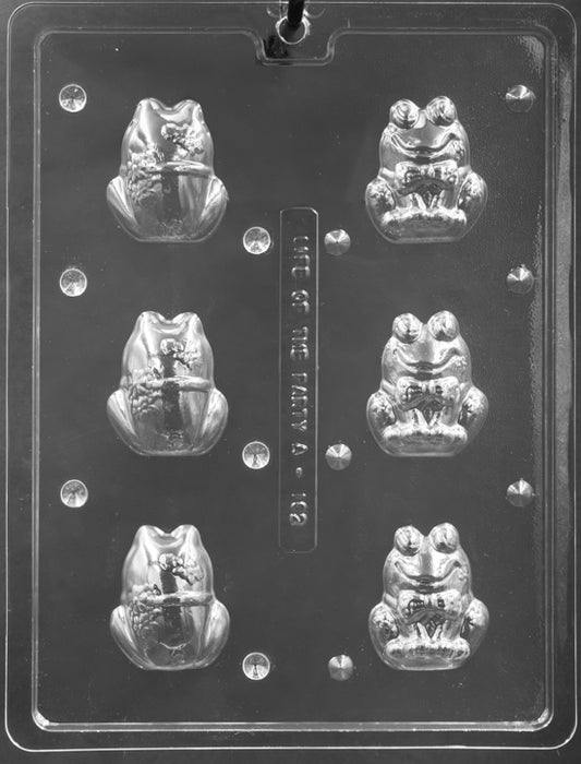 Two-part mold with front and back frog halves; rounded belly, bow detail, and eye contours for a tiny freestanding figure.