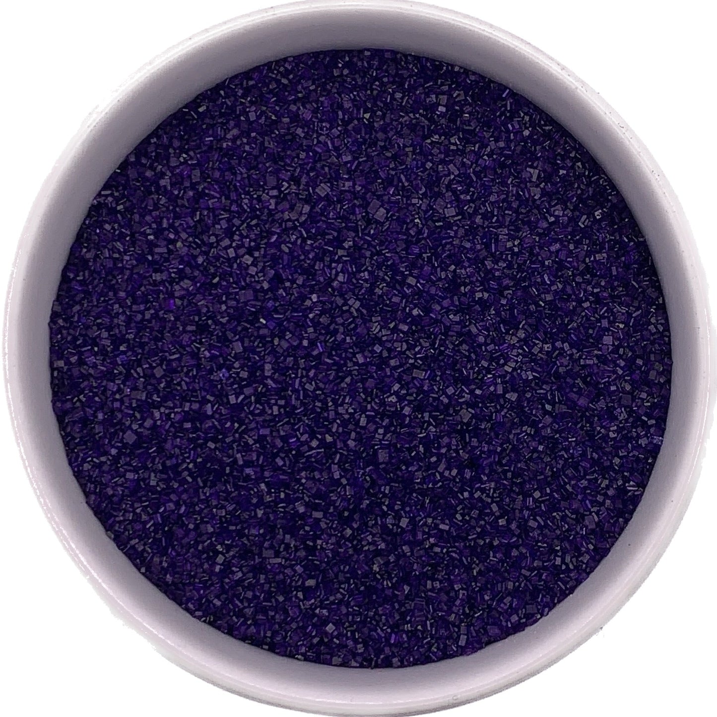 Purple fine sanding sugar in a plastic jar, bold violet-toned crystals ideal for Mardi Gras or birthday cakes.
