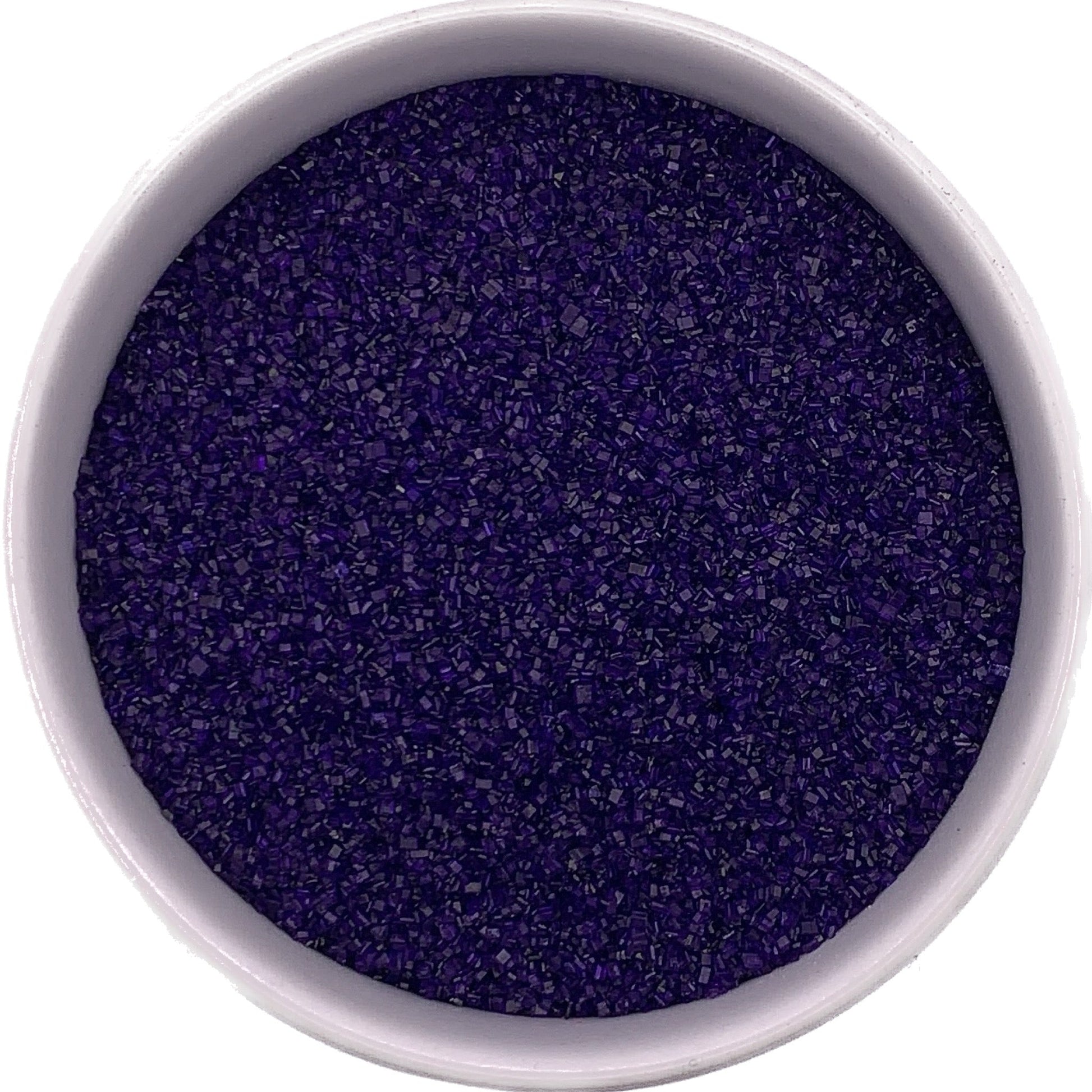 Purple fine sanding sugar in a plastic jar, bold violet-toned crystals ideal for Mardi Gras or birthday cakes.