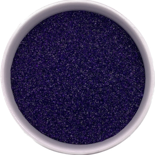 Purple fine sanding sugar in a plastic jar, bold violet-toned crystals ideal for Mardi Gras or birthday cakes.