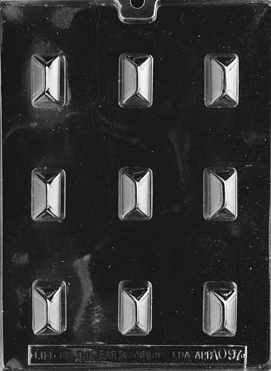 Clear plastic chocolate mold with nine rectangular cavities, each featuring a raised X-shaped design. The mold is displayed against a black background, highlighting the geometric pattern within each cavity. Suitable for creating uniquely shaped chocolate pieces with a modern, angular design.