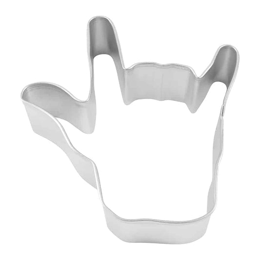 Love Hands ASL cookie cutter in the shape of a hand signing 'I love you,' made of sturdy metal.