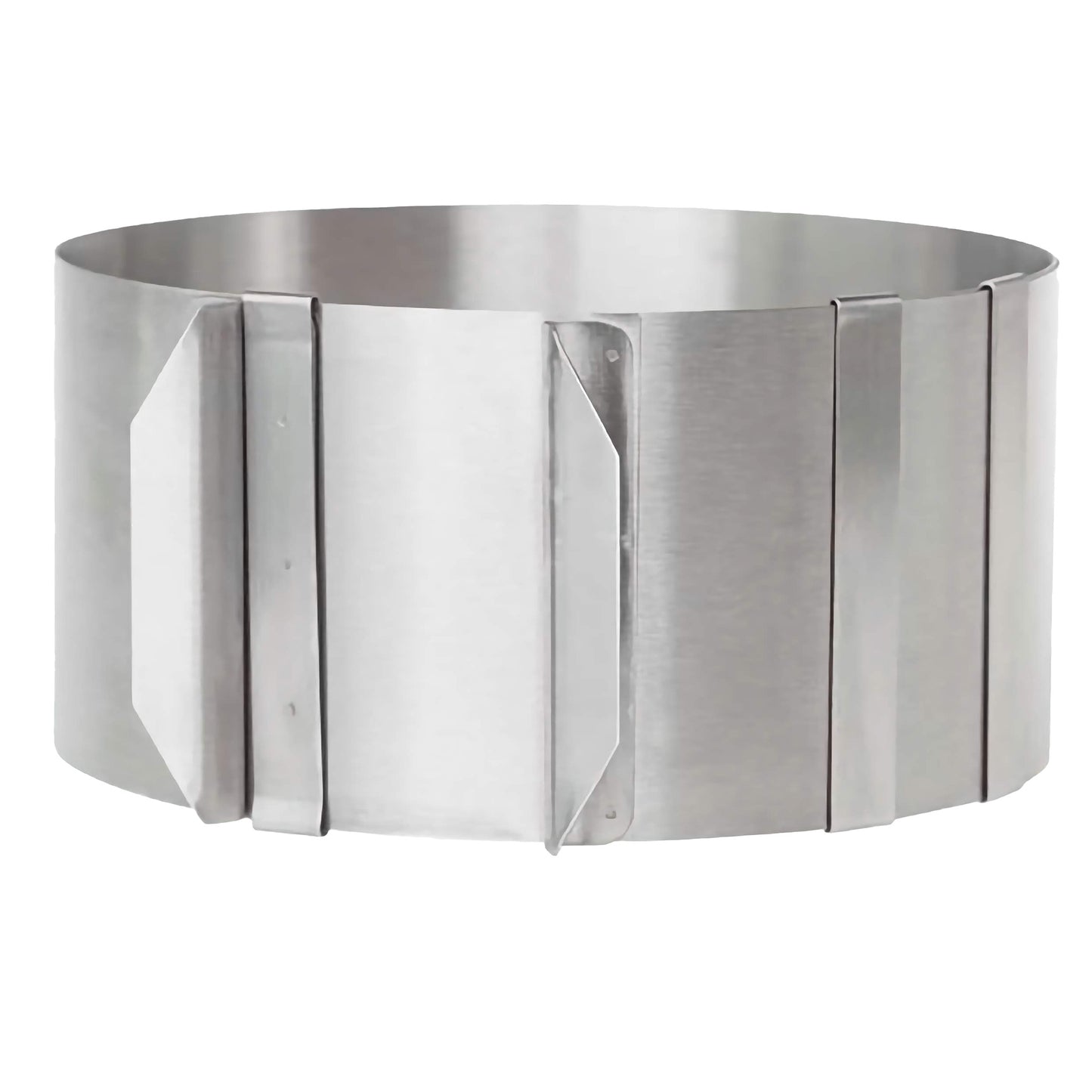 Adjustable stainless steel cake ring mold expanded into circular form, ideal for layered cakes or mousse desserts, adjusts from 6.25 to 8.5 inches.