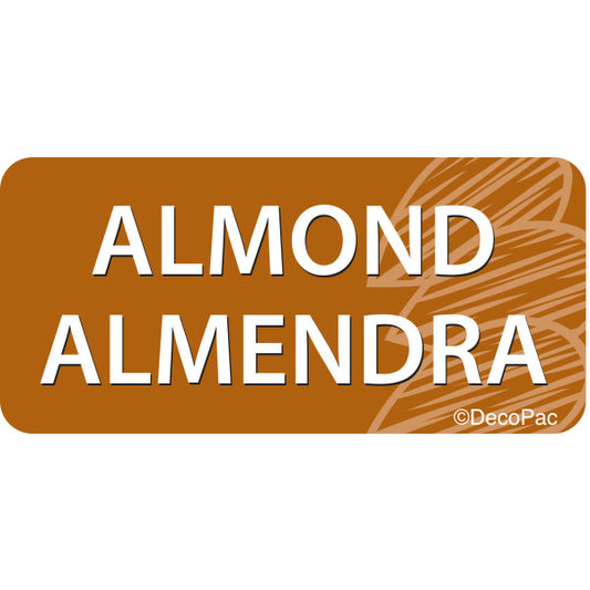Brown rectangular label with the word "Almond" in English and "Almendra" in Spanish, white lettering, and a subtle almond graphic.