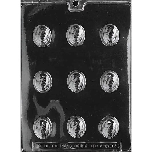 Clear plastic chocolate mold with nine oval cavities, each featuring an almond design in the center. The mold is displayed against a black background, emphasizing the detailed almond patterns within each cavity. Ideal for creating elegant and intricately designed chocolate pieces.