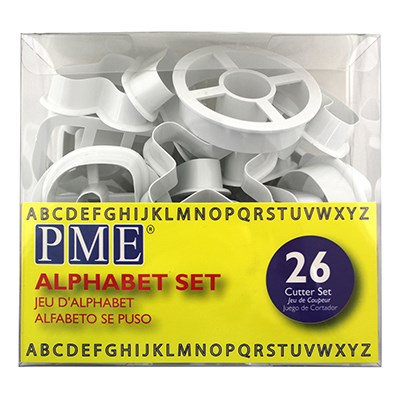 PME Alphabet Cutter Set packaging showing 26 white plastic uppercase letter cutters for decorating cakes, cupcakes, and cookies.