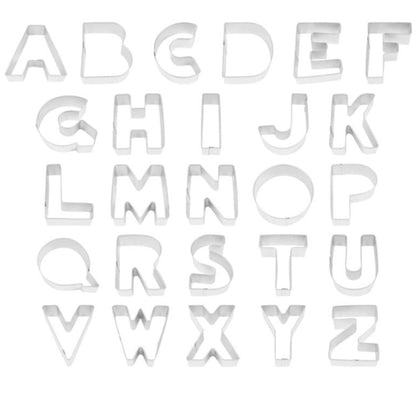 Full set of metal alphabet cookie cutters arranged from A to Z.